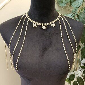 Womens Lingerie Multi Crystal Tassels Shoulder Rhinestone Chain Drops Necklace
